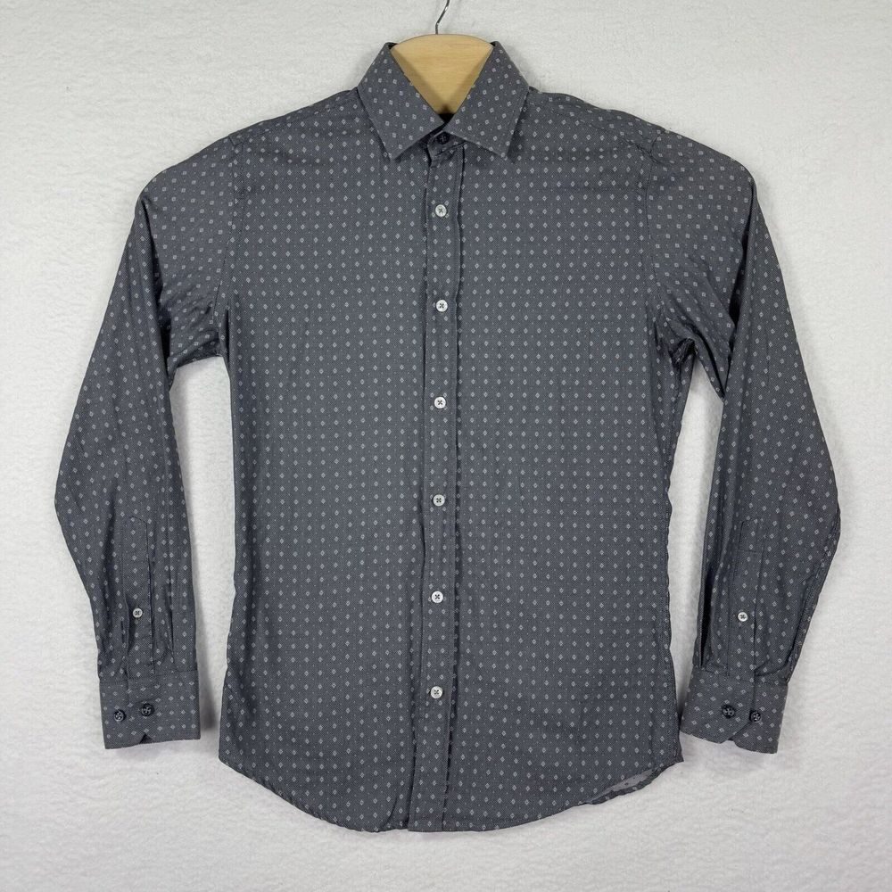 Duchamp London Shirt Mens‎ Small 14.5 Gray Diamond Print Button-Up  Long Sleeve